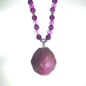 24" Necklace Purple pink Agate Bezel Pendant Silver Bali Bead Bail
